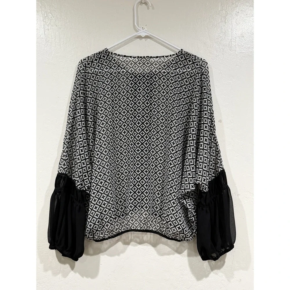 Free People Intimately Geometric Print Sheer Tie Neck Blouse Black White Small